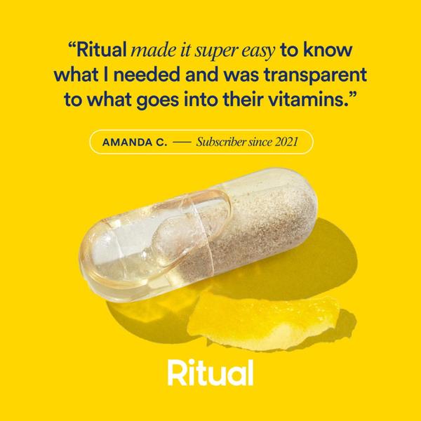 A square ad creative featuring a single Vitamin capsule and a testimonial from a subscriber about brand transparency.